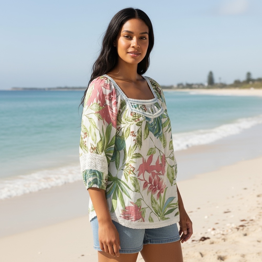 Floral Square-Neck Tunic Top - White/Pink/Green
